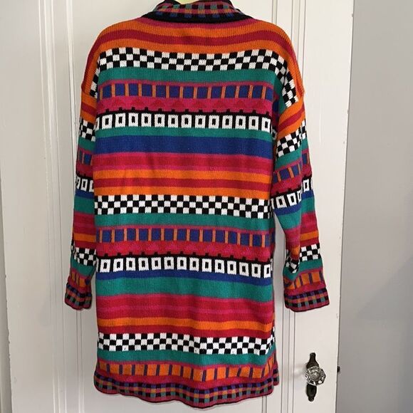 Vtg 80s/90s Contrasts turtleneck brightly colored multi patterned long sweater - Picture 5 of 8